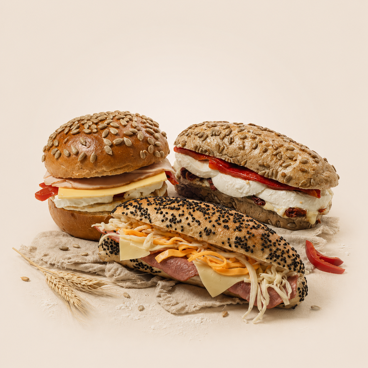 Üç farklı artizan sandviç: susamlı bagel, çörekotlu ekmek arası ve tohum kaplı poğaça, keten örtü ve buğday başaklarıyla krem zemin üzerinde