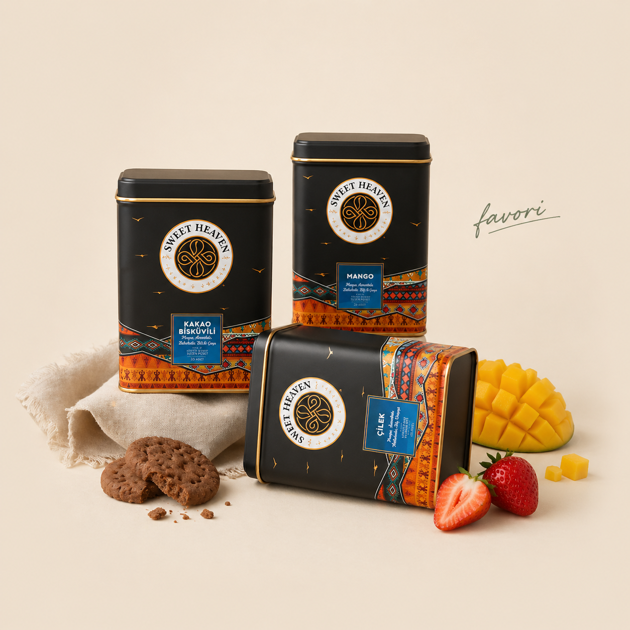 Sweet Heaven imzalı üç siyah teneke kavanoz, krem zemin üzerinde "favori" yazısıyla