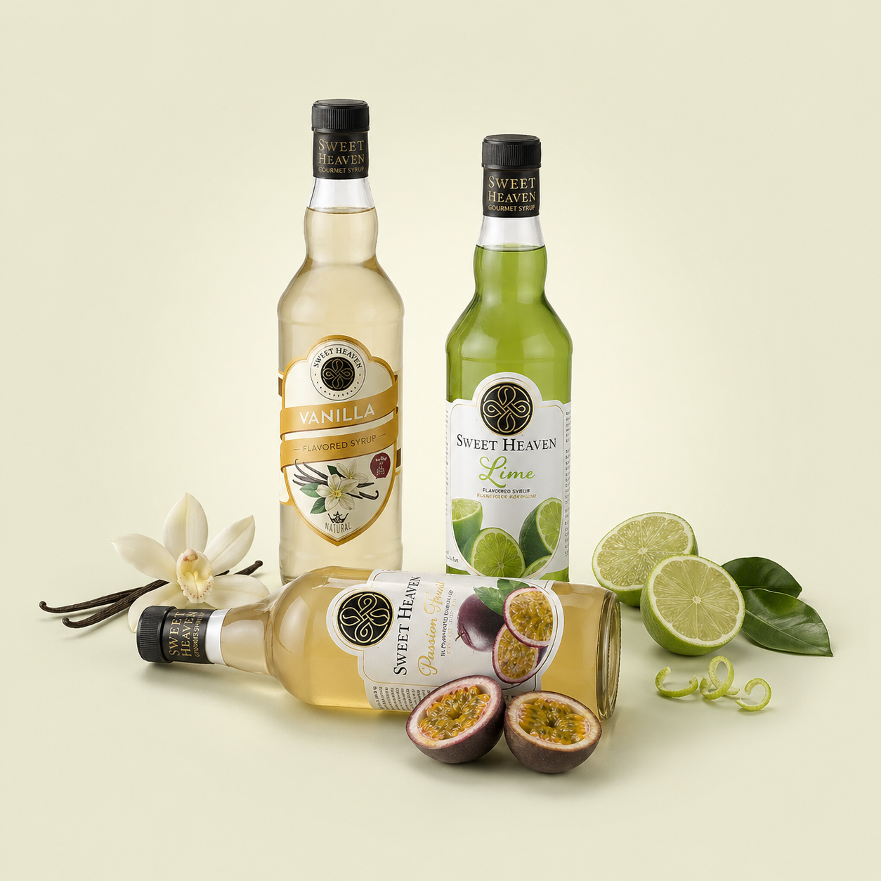 Sweet Heaven vanilya ve lime şurupları, passion fruit ve taze lime ile sade bir kompozisyonda